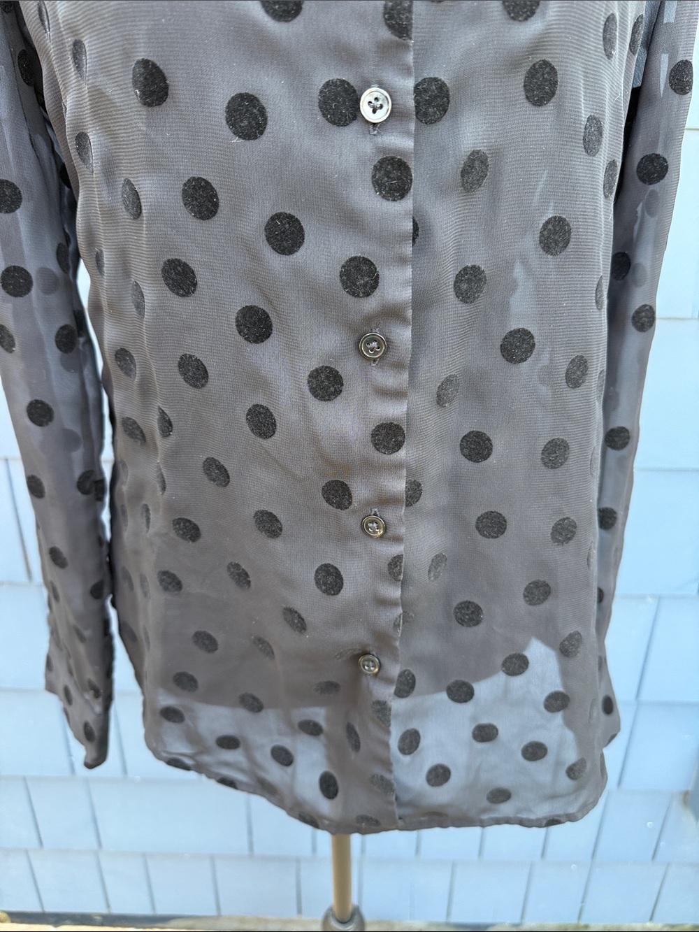 Polka Dot Button-Down Shirt Blouse in Taupe with Black Dots medium velvet - Picture 3 of 10